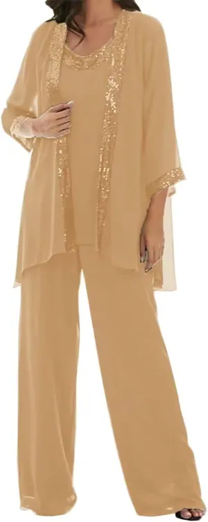 3 Pcs Mother of The Bride Dresses Pantsuit for Wedding 3/4 Sleeves Formal Pants Outfit with Jacket