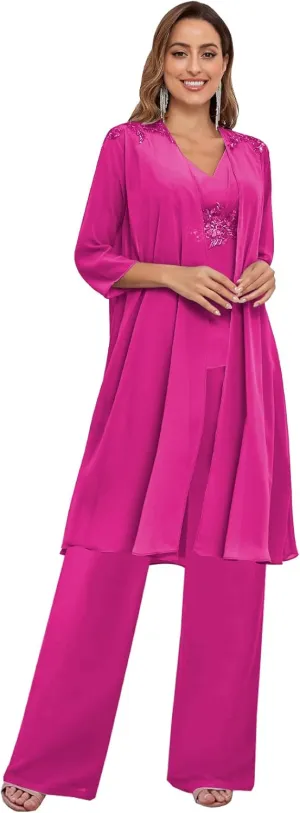 3 Piece Mother of The Bride Pantsuits with Jacket 3/4 Sleeve V Neck Formal Evening Pants Outfit for Women