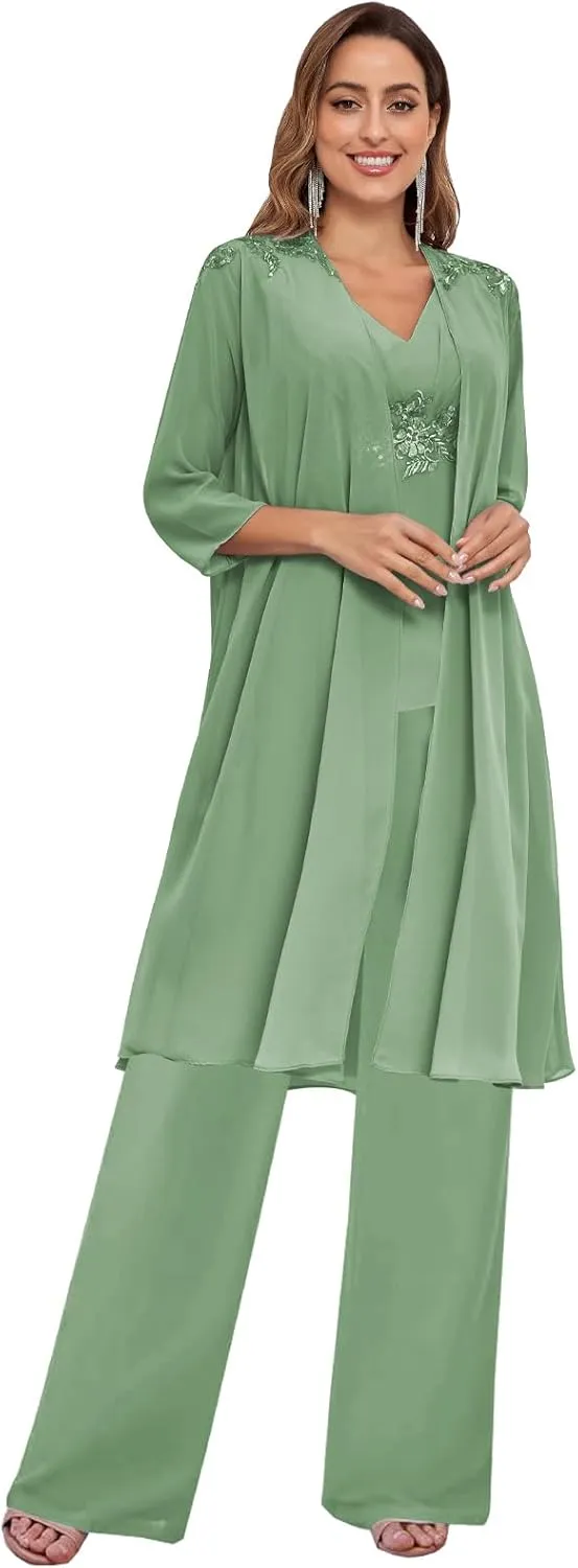 3 Piece Mother of The Bride Pantsuits with Jacket 3/4 Sleeve V Neck Formal Evening Pants Outfit for Women