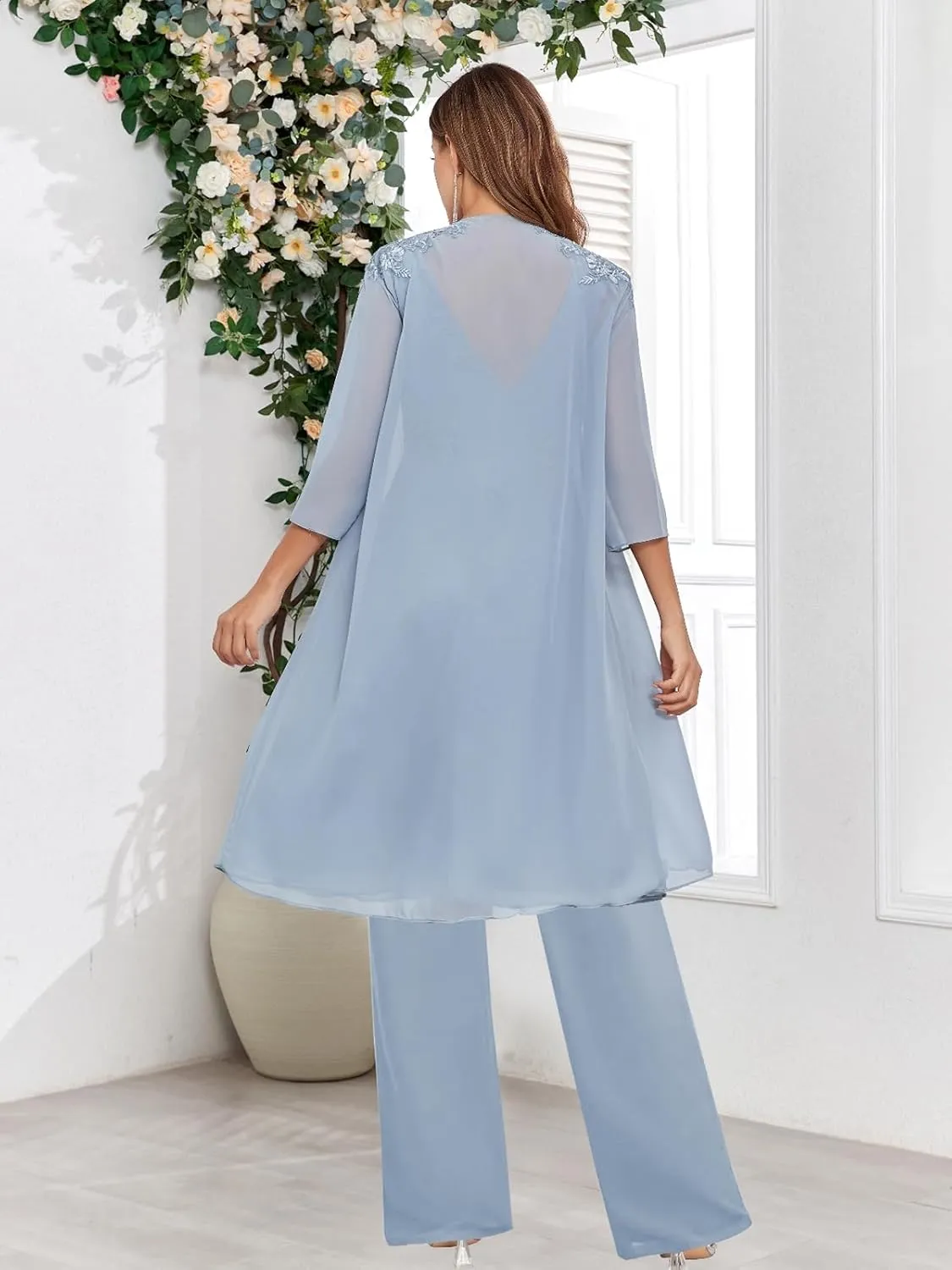 3 Piece Mother of The Bride Pantsuits with Jacket 3/4 Sleeve V Neck Formal Evening Pants Outfit for Women