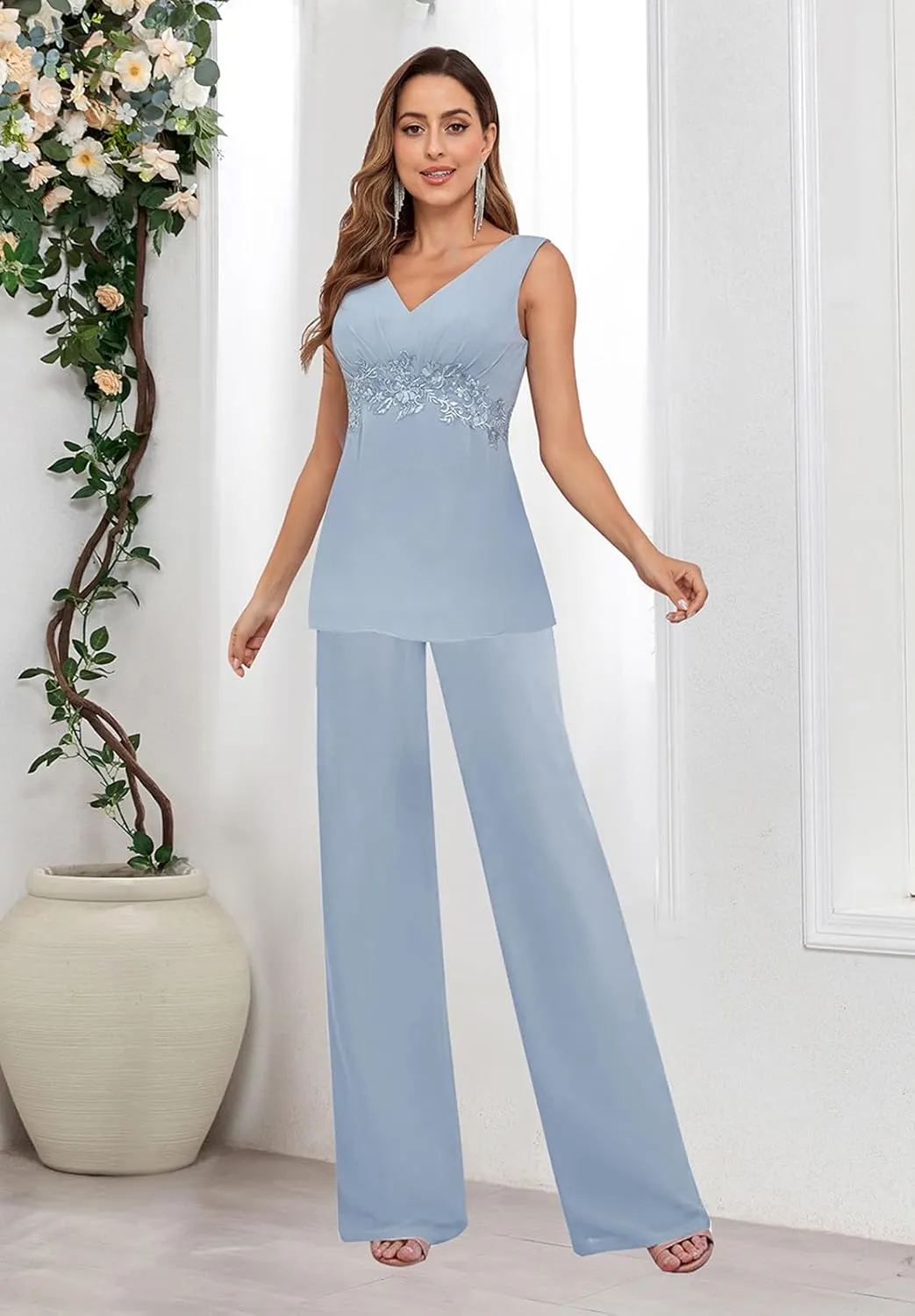 3 Piece Mother of The Bride Pantsuits with Jacket 3/4 Sleeve V Neck Formal Evening Pants Outfit for Women