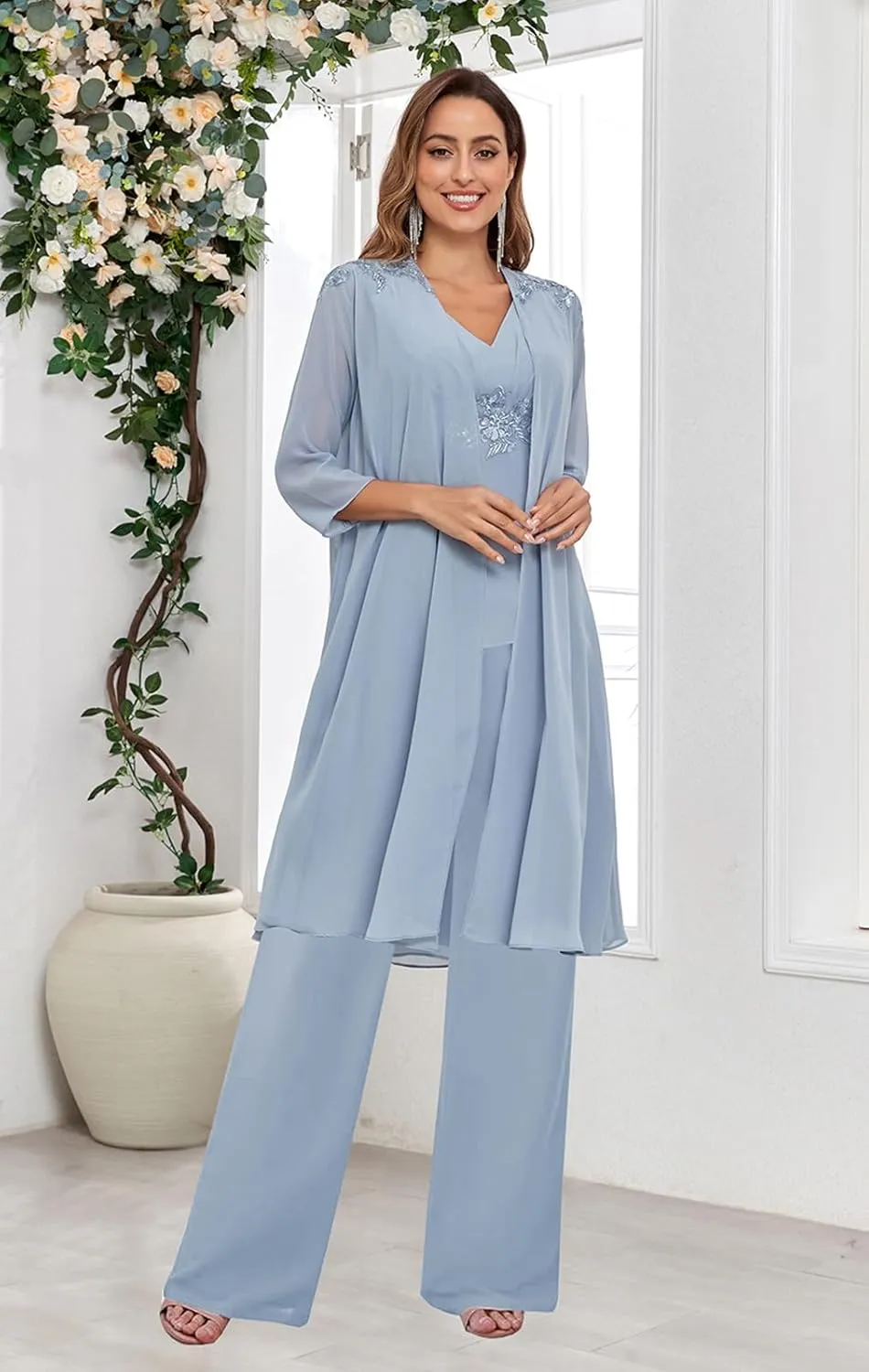 3 Piece Mother of The Bride Pantsuits with Jacket 3/4 Sleeve V Neck Formal Evening Pants Outfit for Women