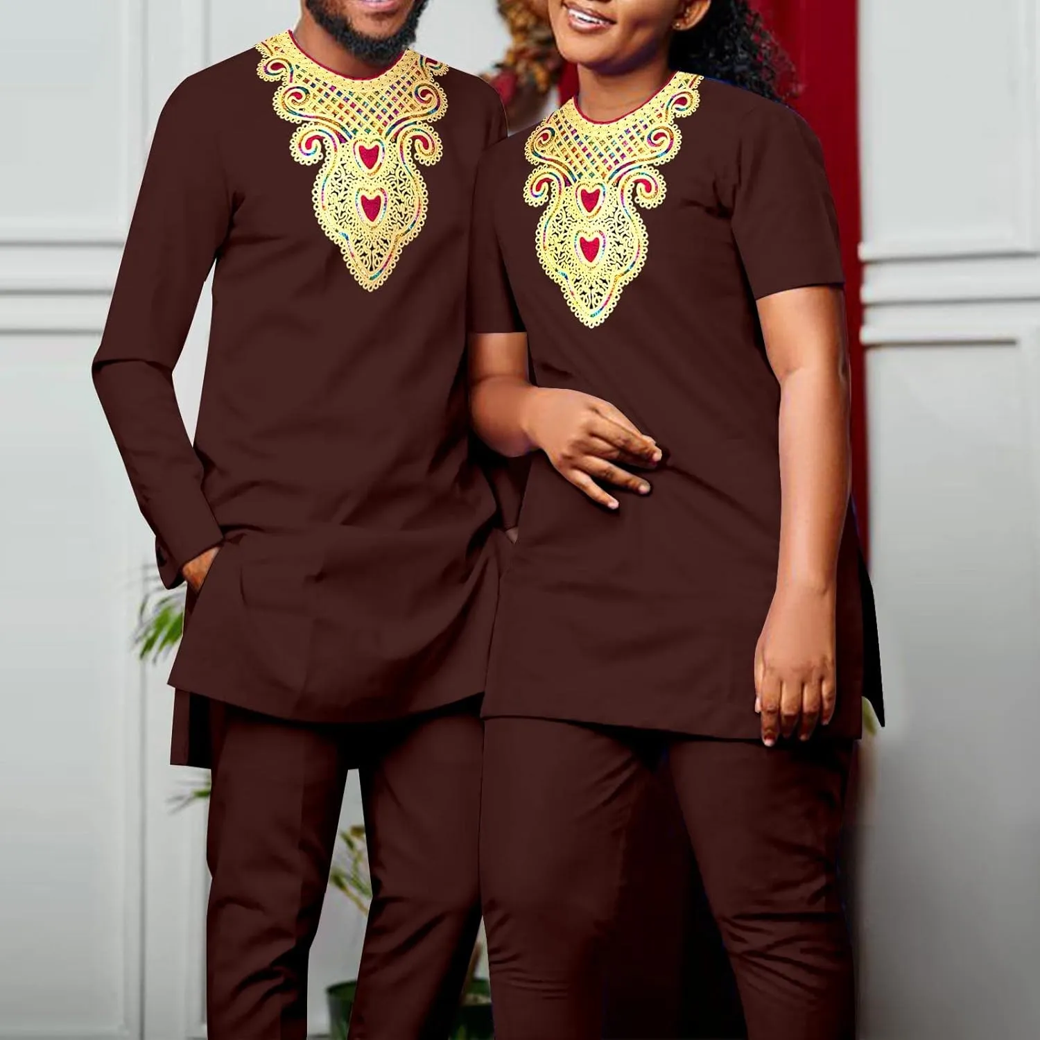 African Couple Suit Men's Long Sleeved T-Shirt Pants Two-Piece Suit, Women's Short Sleeved Suit Chest Hot Gold Print
