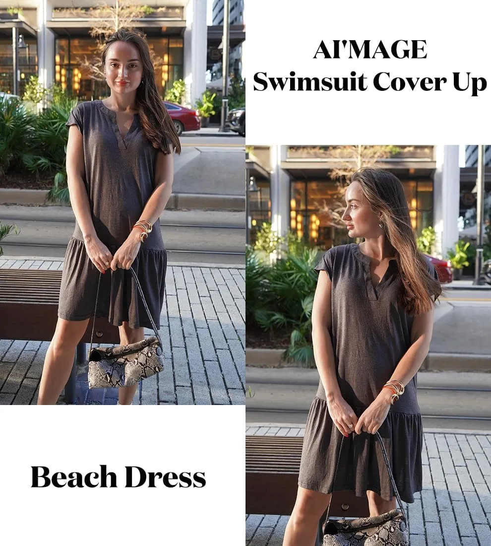 AI'MAGE Womens Swimsuit Coverups Bikini Beach Swimwear Cover Up V Neck Bathing Suit Cover Up Dress A-line Beach Dress
