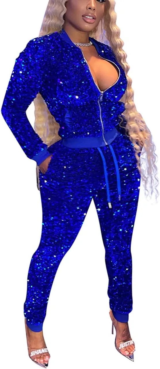 Alunzoem Jogging Suits for Women 2 Piece Outfits Velvet Sequin Long Sleeve Zipper Jacket Jogger Pants Tracksuit Set