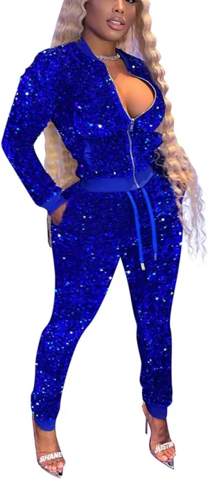 Alunzoem Jogging Suits for Women 2 Piece Outfits Velvet Sequin Long Sleeve Zipper Jacket Jogger Pants Tracksuit Set