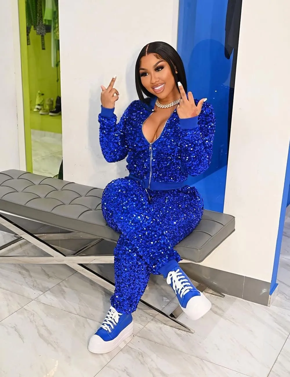 Alunzoem Jogging Suits for Women 2 Piece Outfits Velvet Sequin Long Sleeve Zipper Jacket Jogger Pants Tracksuit Set