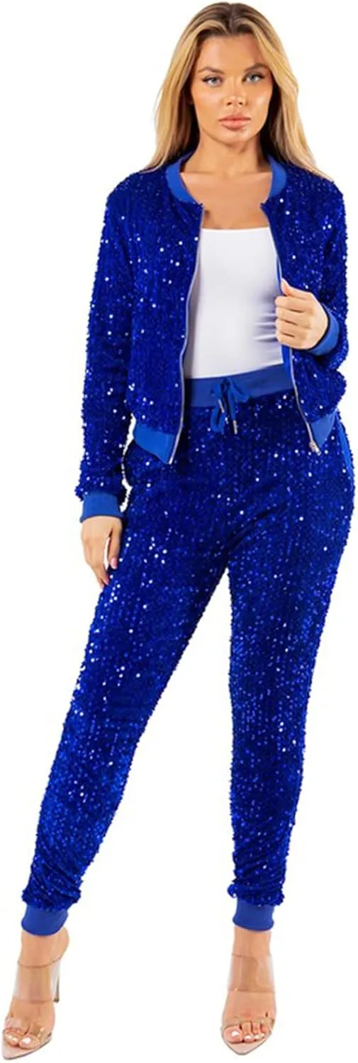 Alunzoem Jogging Suits for Women 2 Piece Outfits Velvet Sequin Long Sleeve Zipper Jacket Jogger Pants Tracksuit Set
