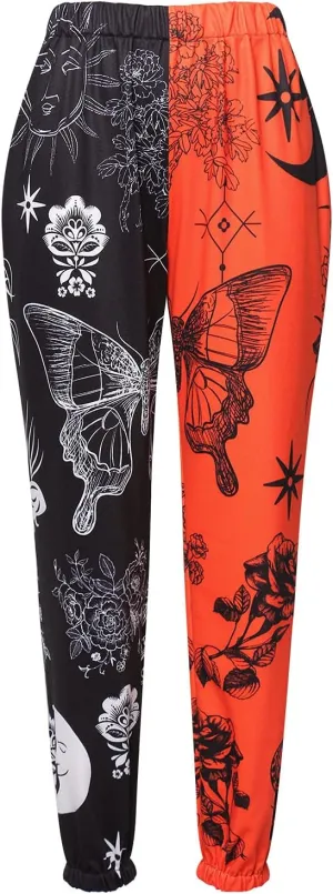 Amuver Women's Boho Hippie Harem Pants High Smocked Waist Printed Patchwork Sweatpants Yoga 90S Goth Baggy Casual Trousers