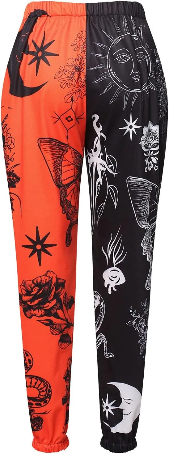 Amuver Women's Boho Hippie Harem Pants High Smocked Waist Printed Patchwork Sweatpants Yoga 90S Goth Baggy Casual Trousers