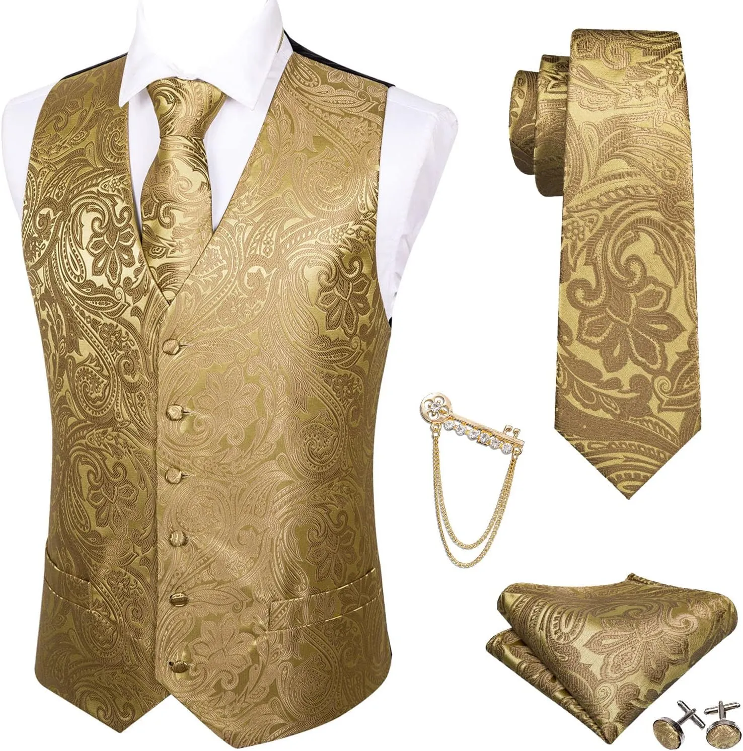 Barry.Wang Formal Men Flower Vest Paisley Jacquard Silk Ties Suit Waistcoat Set Wedding 5PCS