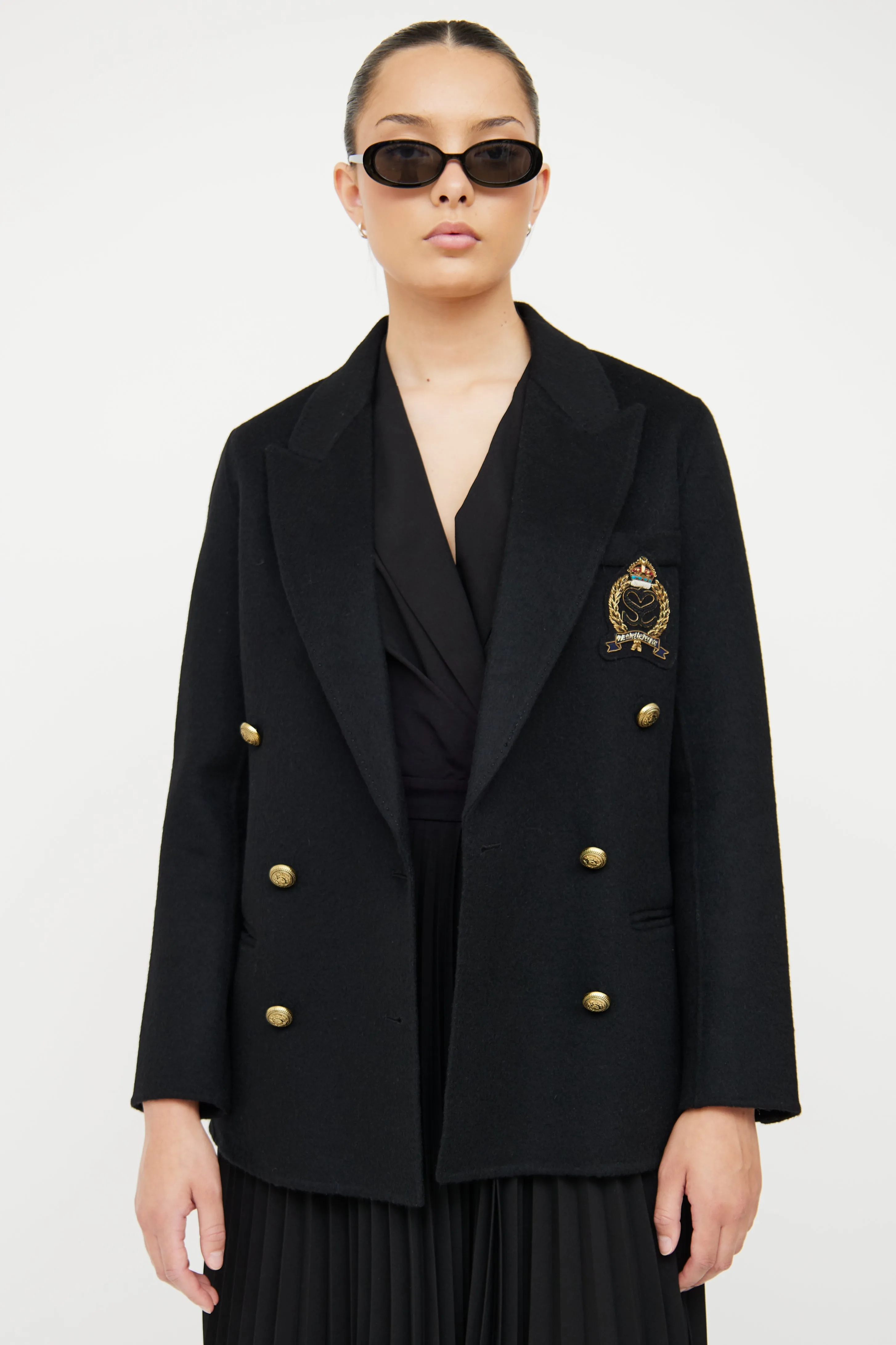 Black Wool Blend Crest Blazer
