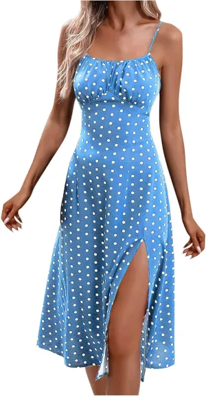 Borniu Spaghetti Strap Dresses for Women Polka Dot Midi Dress Sleeveless Slit Summer Sundress Beach Vacation Sexy Outfits