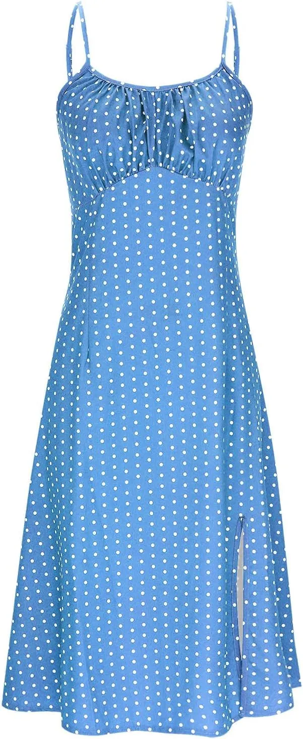 Borniu Spaghetti Strap Dresses for Women Polka Dot Midi Dress Sleeveless Slit Summer Sundress Beach Vacation Sexy Outfits