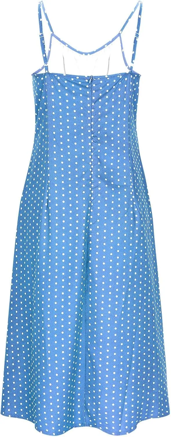 Borniu Spaghetti Strap Dresses for Women Polka Dot Midi Dress Sleeveless Slit Summer Sundress Beach Vacation Sexy Outfits
