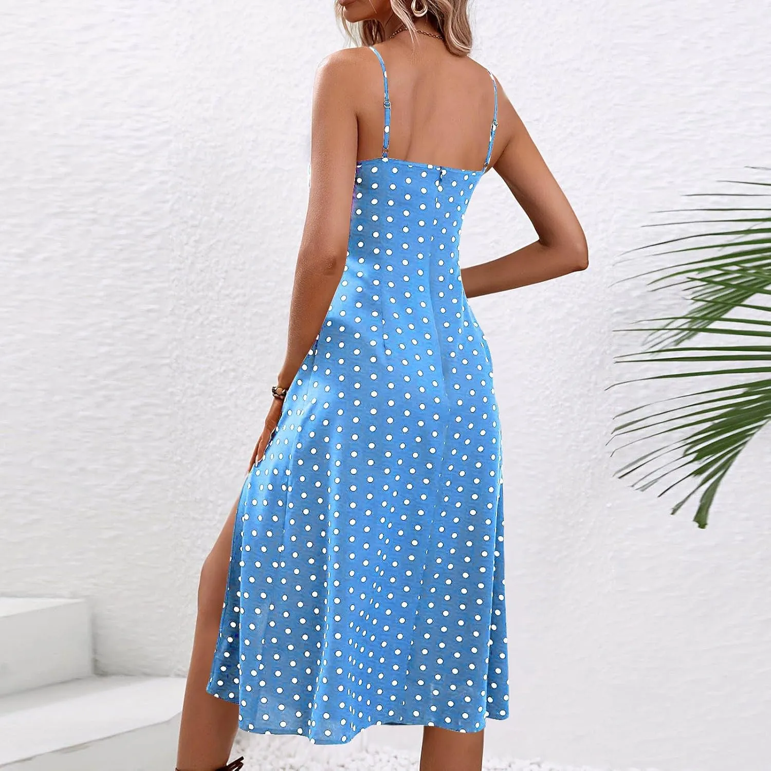 Borniu Spaghetti Strap Dresses for Women Polka Dot Midi Dress Sleeveless Slit Summer Sundress Beach Vacation Sexy Outfits