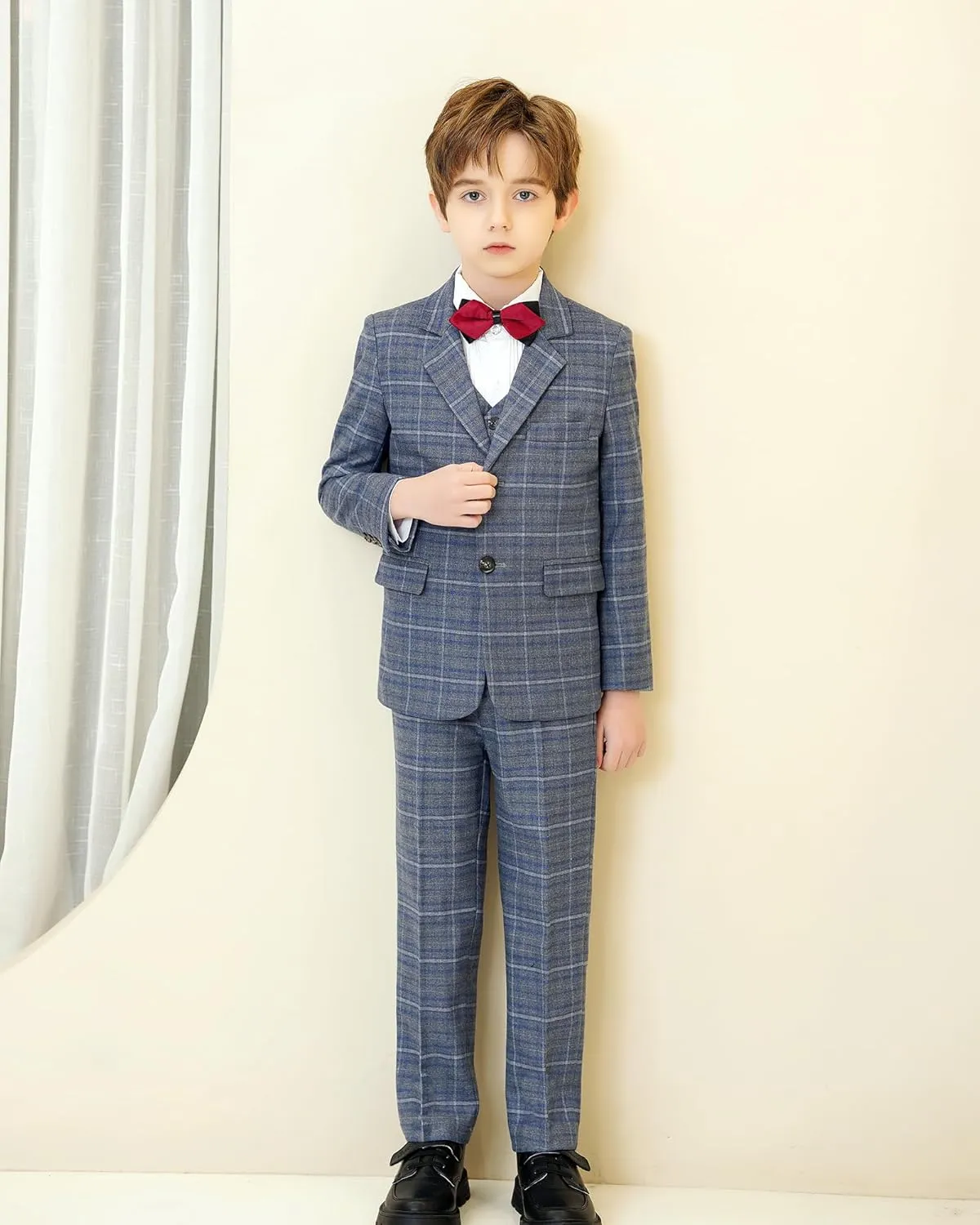 Boys Formal Suit Set Kids Toddler Tuxedo Slim Fit Plaid Suits for Teenage Boys 5-Piece Wedding Party Outfit