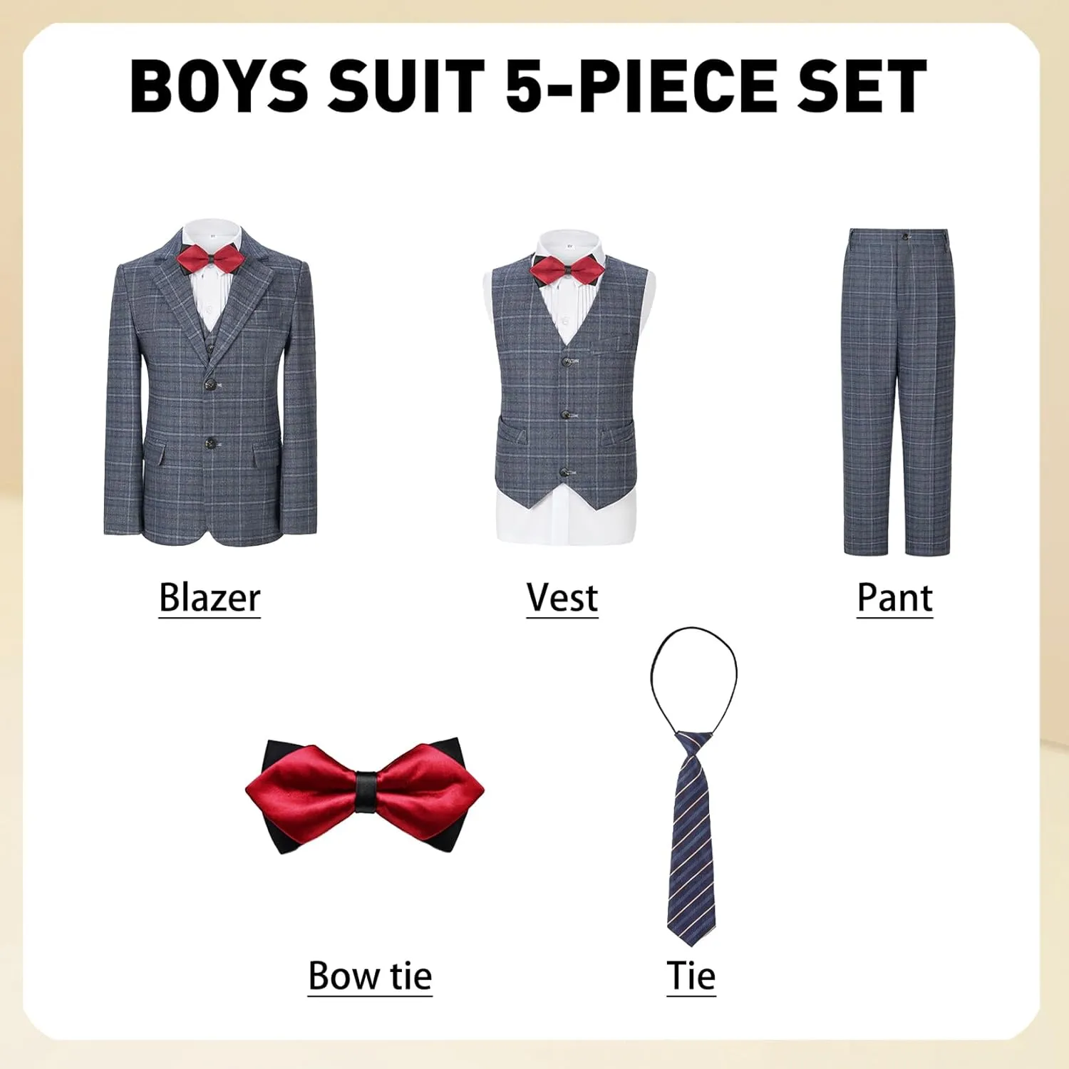 Boys Formal Suit Set Kids Toddler Tuxedo Slim Fit Plaid Suits for Teenage Boys 5-Piece Wedding Party Outfit