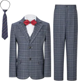 Boys Formal Suit Set Kids Toddler Tuxedo Slim Fit Plaid Suits for Teenage Boys 5-Piece Wedding Party Outfit