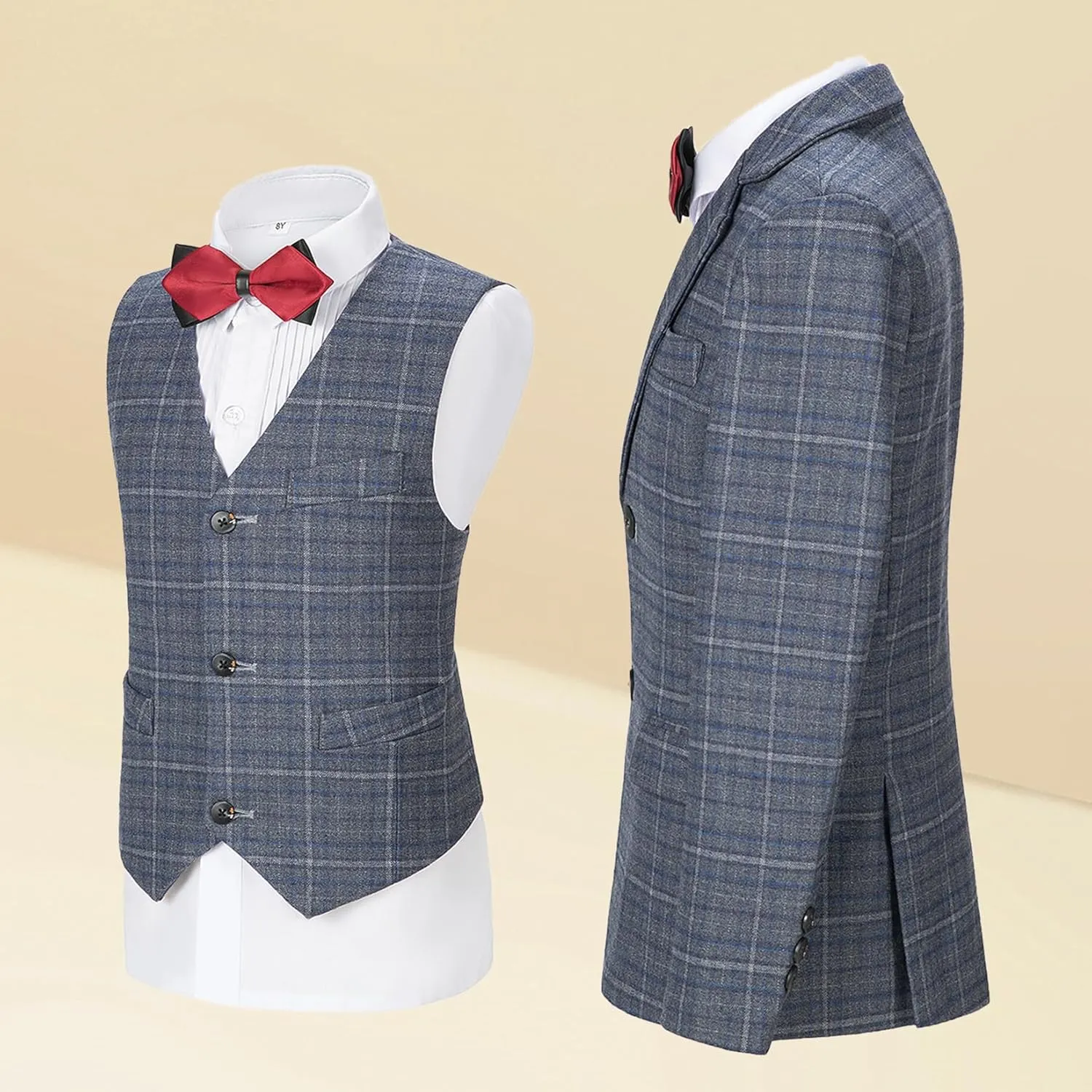 Boys Formal Suit Set Kids Toddler Tuxedo Slim Fit Plaid Suits for Teenage Boys 5-Piece Wedding Party Outfit
