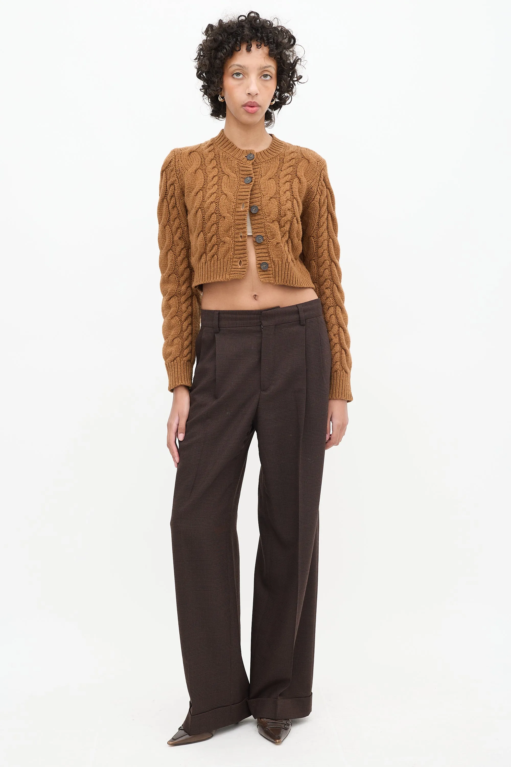 Brown Wool Cable Knit Cropped Cardigan