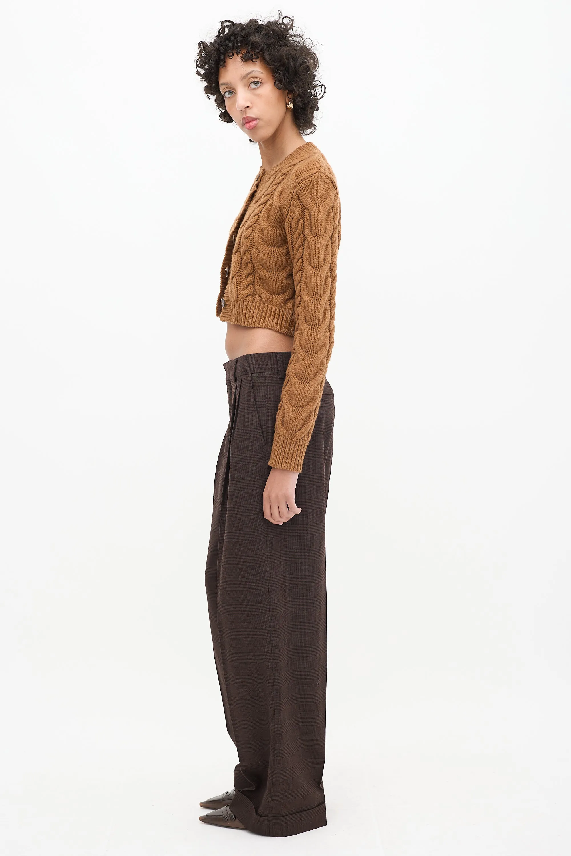 Brown Wool Cable Knit Cropped Cardigan