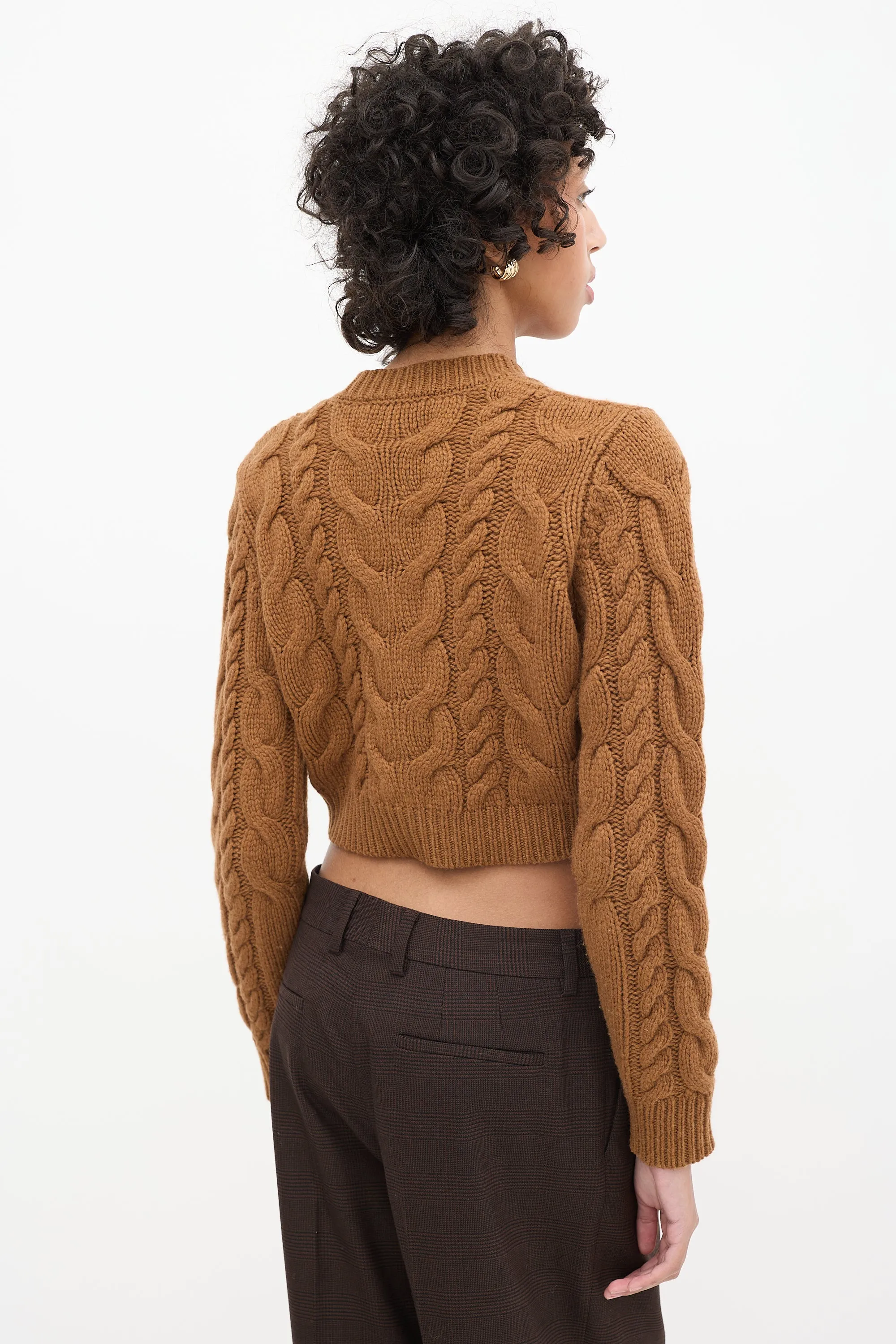 Brown Wool Cable Knit Cropped Cardigan
