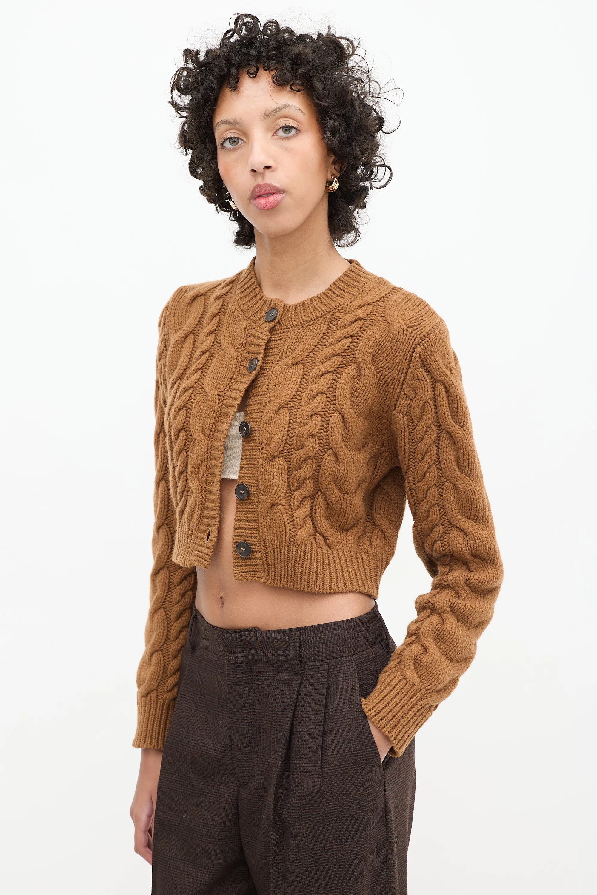 Brown Wool Cable Knit Cropped Cardigan