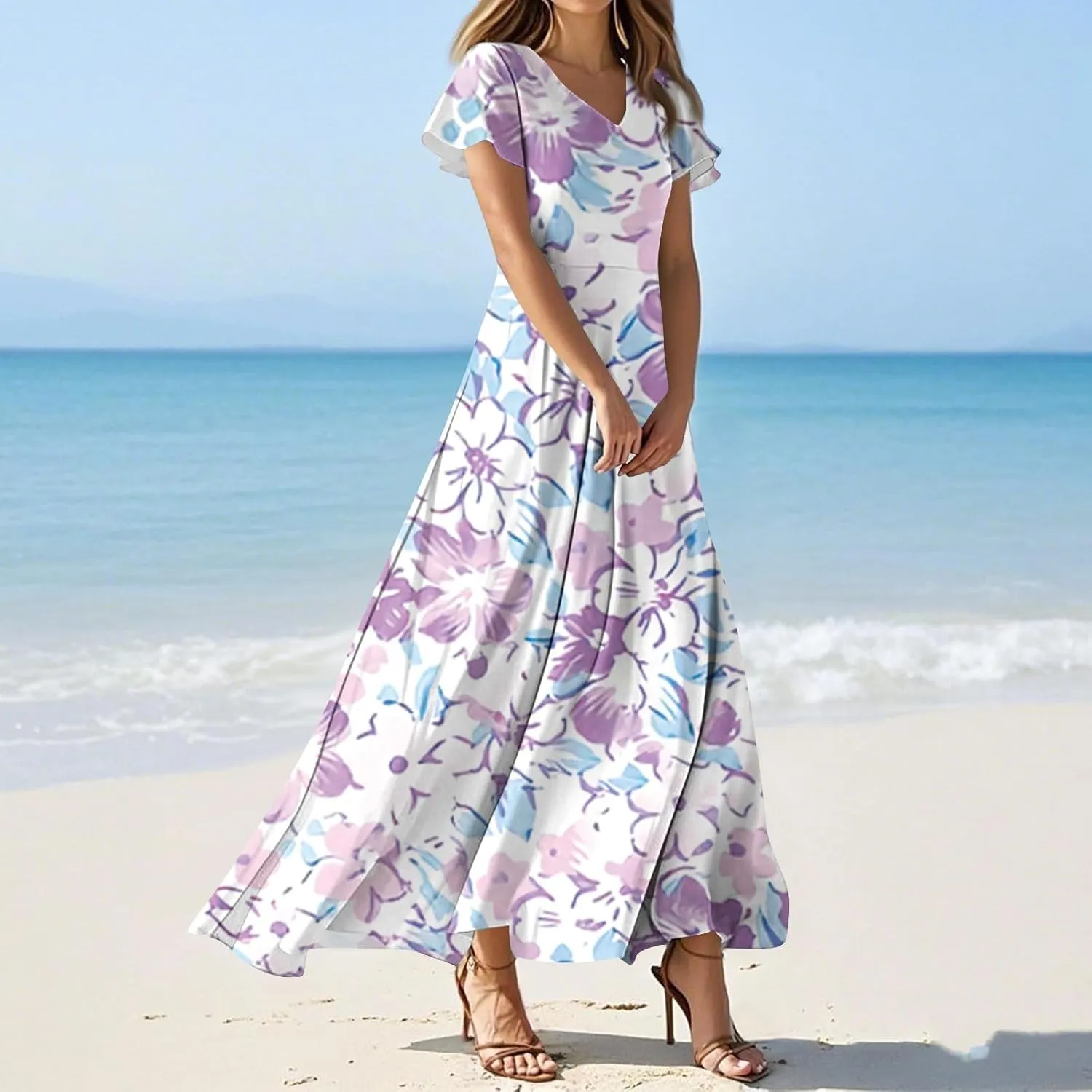 Chiffon Dresses for Women Swing Flowy Ruffle Hem Swing Dress Casual Summer Flutter Sleeve V Neck Beach Long Dresses