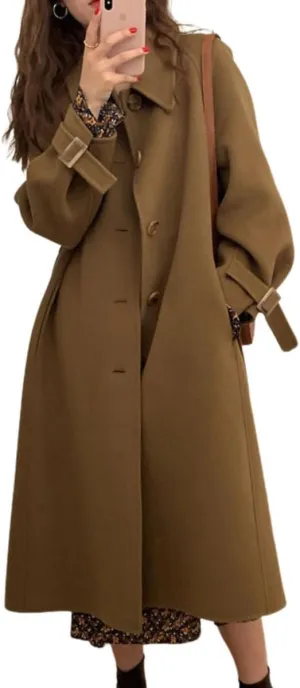 chouyatou Women's Winter Single Breasted Wool Coat Turn Down Collar Business Casual Long Winter Trench Coat