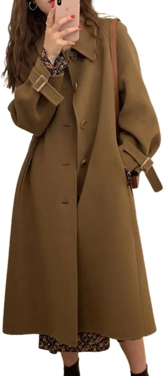 chouyatou Women's Winter Single Breasted Wool Coat Turn Down Collar Business Casual Long Winter Trench Coat