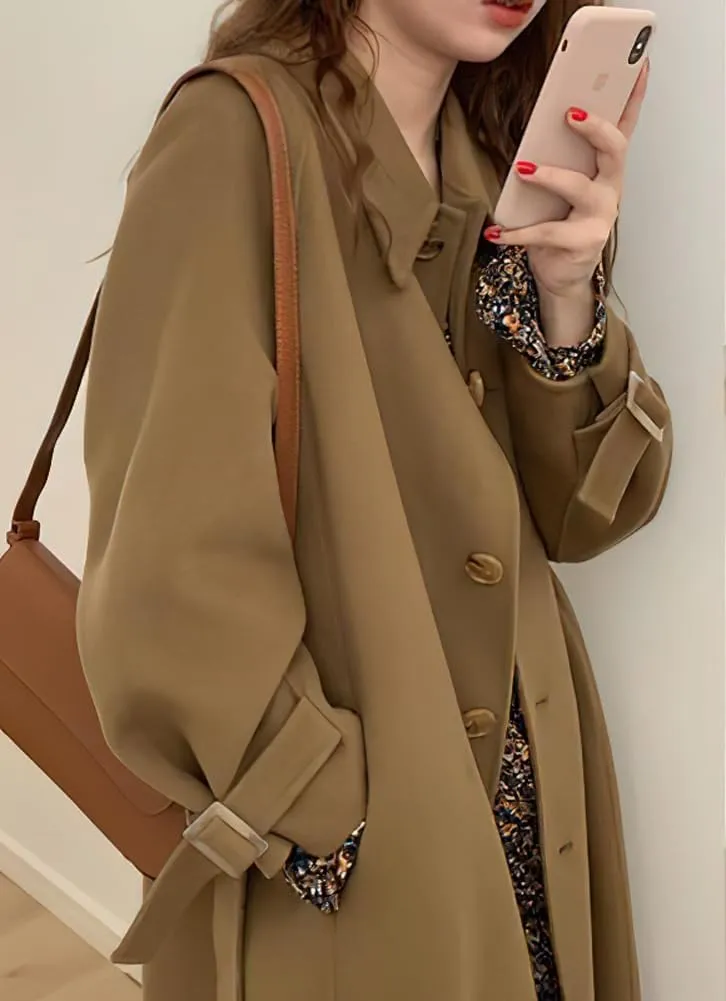 chouyatou Women's Winter Single Breasted Wool Coat Turn Down Collar Business Casual Long Winter Trench Coat