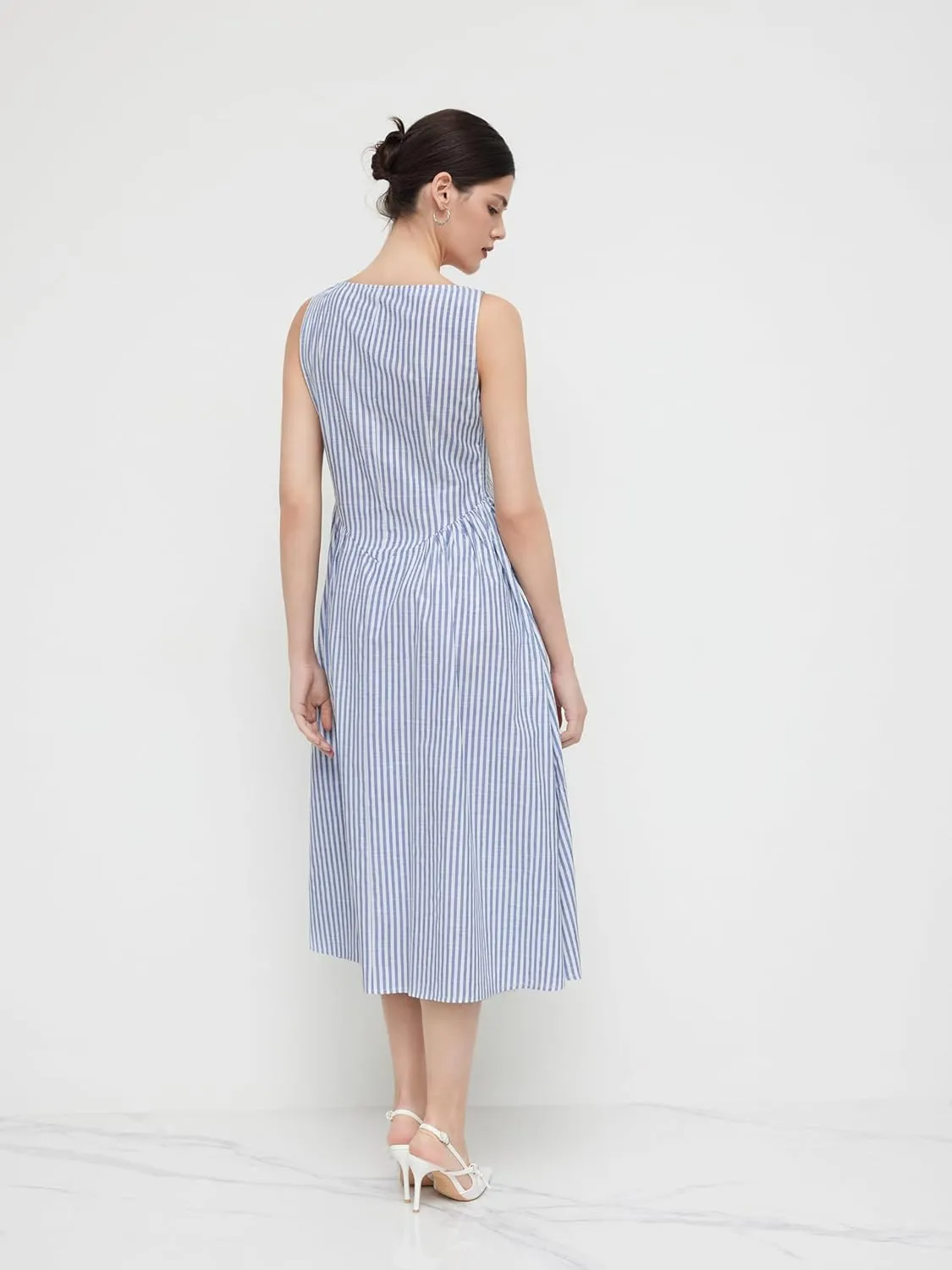 CIDER Summer Striped Ruffle Maxi Dress Boat Neck Regular Fit Mid Waist Casual Woven Short Sleeve