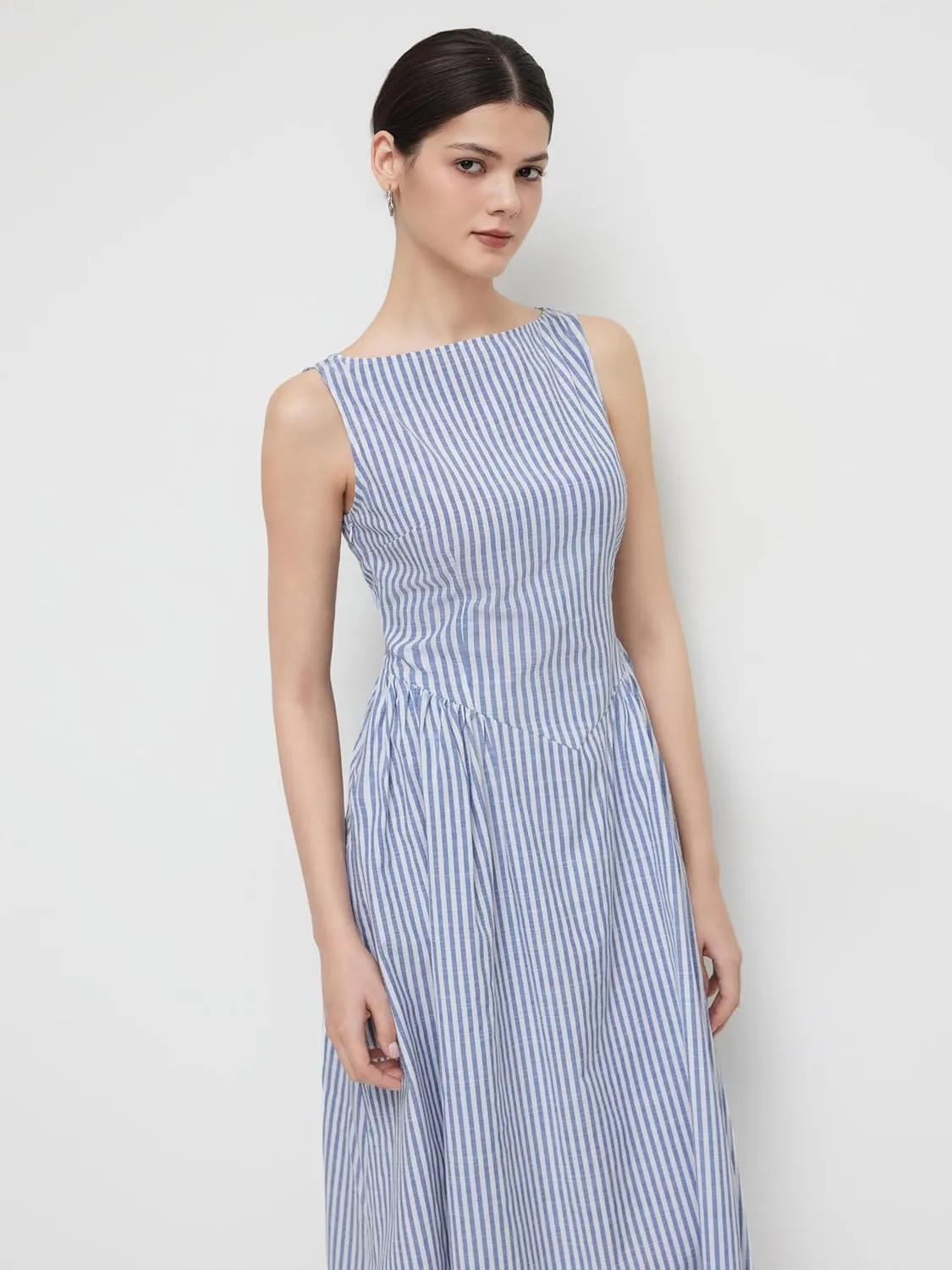 CIDER Summer Striped Ruffle Maxi Dress Boat Neck Regular Fit Mid Waist Casual Woven Short Sleeve
