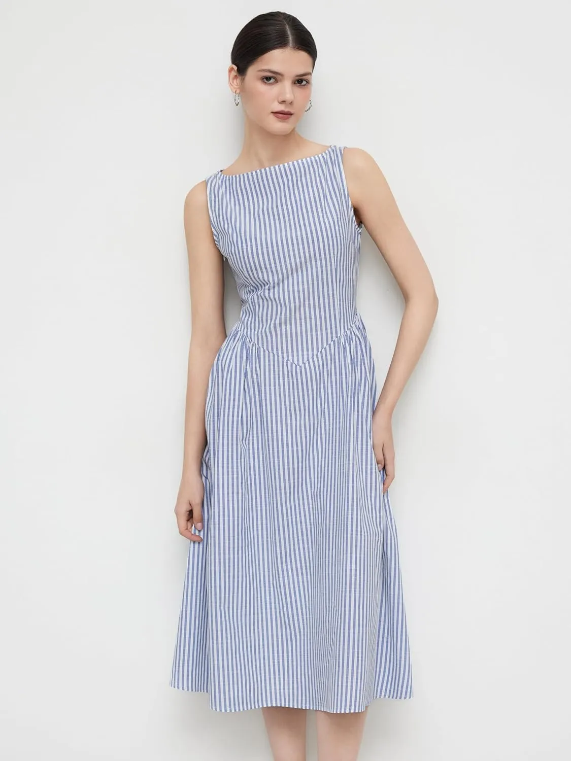 CIDER Summer Striped Ruffle Maxi Dress Boat Neck Regular Fit Mid Waist Casual Woven Short Sleeve