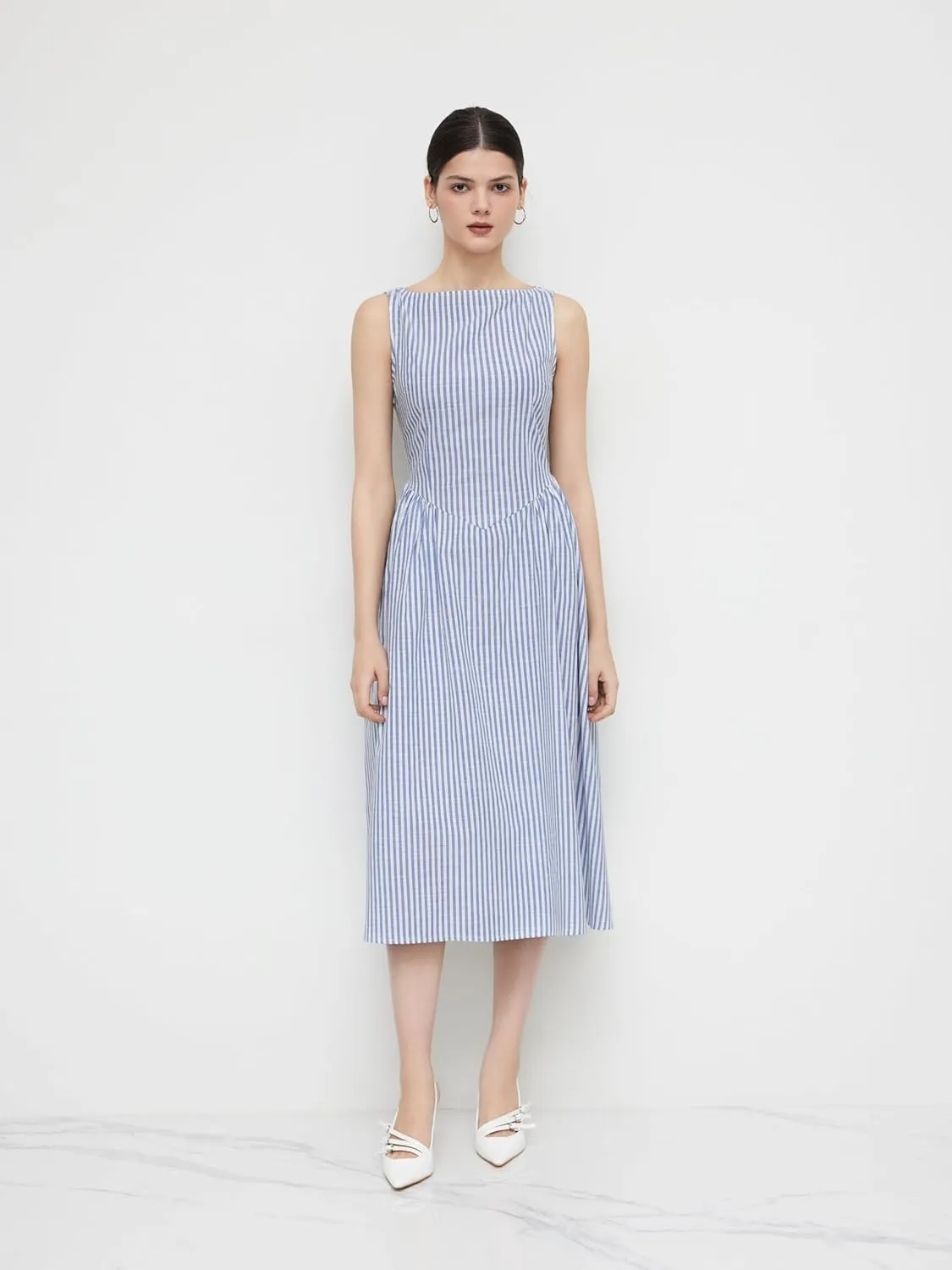CIDER Summer Striped Ruffle Maxi Dress Boat Neck Regular Fit Mid Waist Casual Woven Short Sleeve