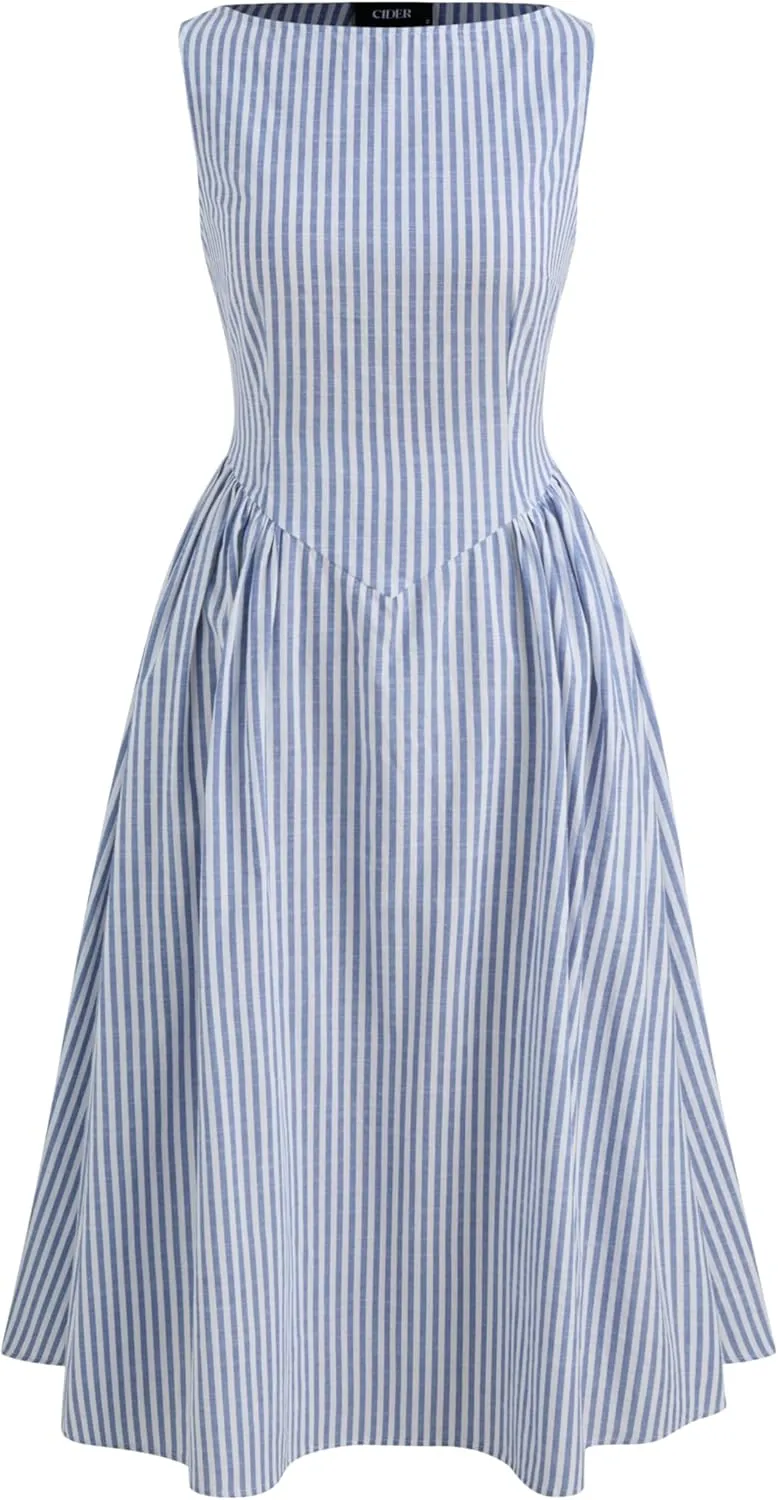 CIDER Summer Striped Ruffle Maxi Dress Boat Neck Regular Fit Mid Waist Casual Woven Short Sleeve