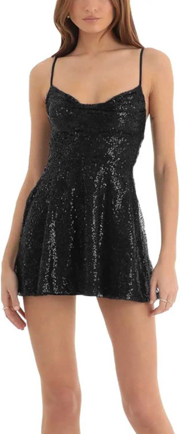 cochineal Women Sequin Beaded Mini Dress Y2k Sexy Sparkly Backless Short Cami Dress Glitter Rhinestone Party Club Dresses