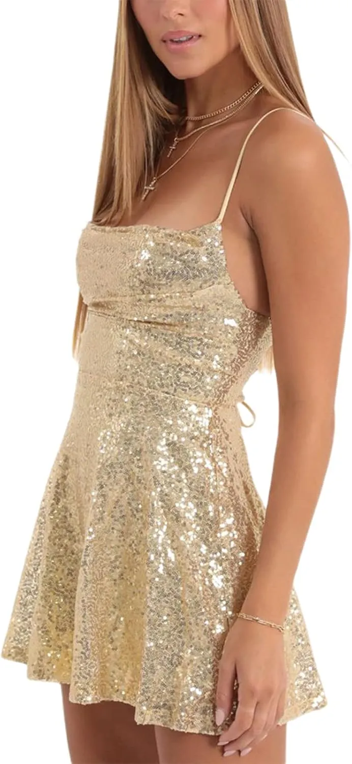 cochineal Women Sequin Beaded Mini Dress Y2k Sexy Sparkly Backless Short Cami Dress Glitter Rhinestone Party Club Dresses