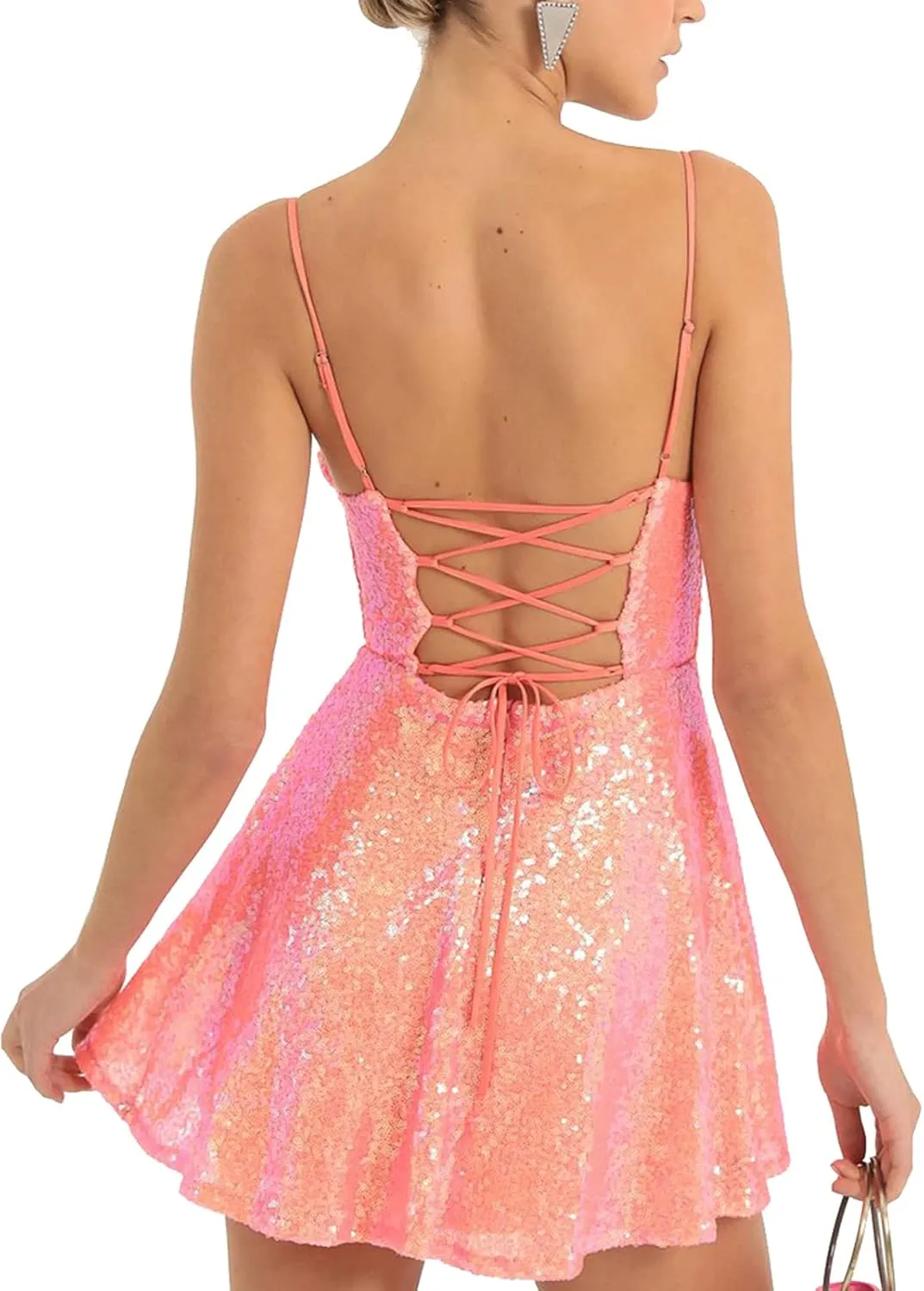 cochineal Women Sequin Beaded Mini Dress Y2k Sexy Sparkly Backless Short Cami Dress Glitter Rhinestone Party Club Dresses