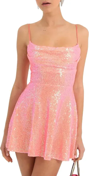 cochineal Women Sequin Beaded Mini Dress Y2k Sexy Sparkly Backless Short Cami Dress Glitter Rhinestone Party Club Dresses