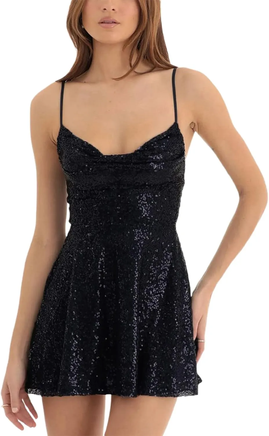 cochineal Women Sequin Beaded Mini Dress Y2k Sexy Sparkly Backless Short Cami Dress Glitter Rhinestone Party Club Dresses