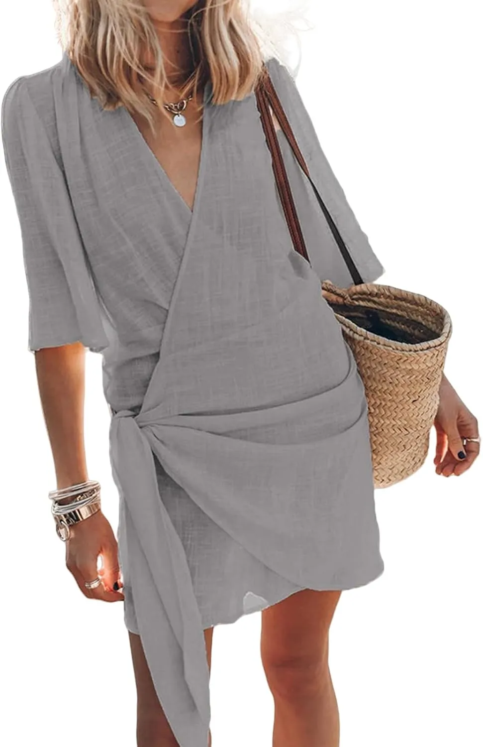 Cotton and Linen V-Neck Midi Dress Short Sleeve Wrap Tie Mini Dress Casual Elegant Beach Work Vacation Travel Dresses