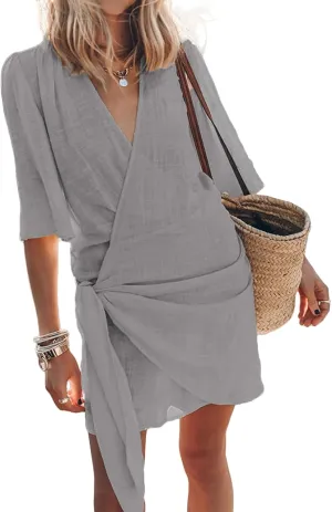 Cotton and Linen V-Neck Midi Dress Short Sleeve Wrap Tie Mini Dress Casual Elegant Beach Work Vacation Travel Dresses