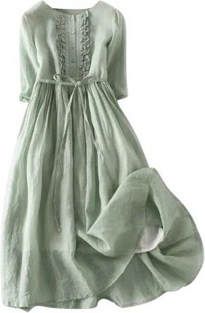 Cotton Linen Dresses for Women 2025 Maxi Button Down A Line Dress Trendy 3/4 Sleeve Swing Flowy Dress Summer Dress