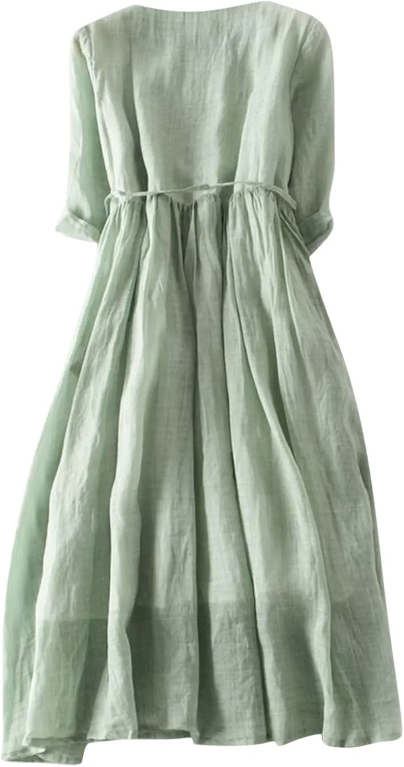Cotton Linen Dresses for Women 2025 Maxi Button Down A Line Dress Trendy 3/4 Sleeve Swing Flowy Dress Summer Dress
