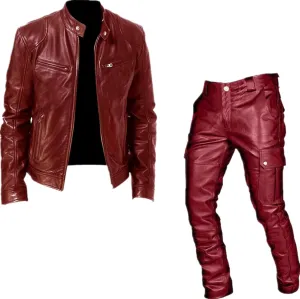 crazynekos Men's PU Leather Jacket Tracksuit Casual Sports 2 Piece Outfit Athletic Jogging Suits Sweatsuit