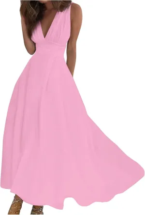 Dresses for Women 2024 Flowy Ruched Wrap V Neck Boho Dress Floral Print Sleeveless Maxi Dress Flowy Beach Dresses