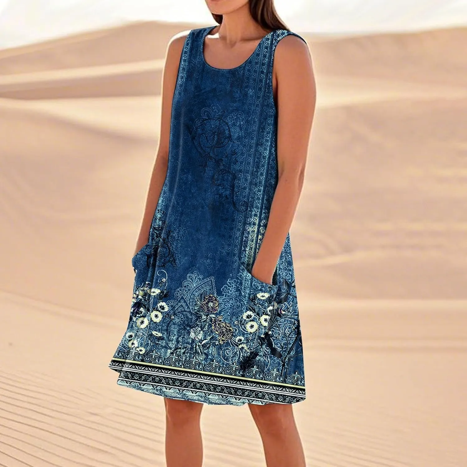 Dresses for Women Crew Neck Sleeveless Sundresses Floral Printed High Waisted Loose Casual Flowy Dress with Pocket