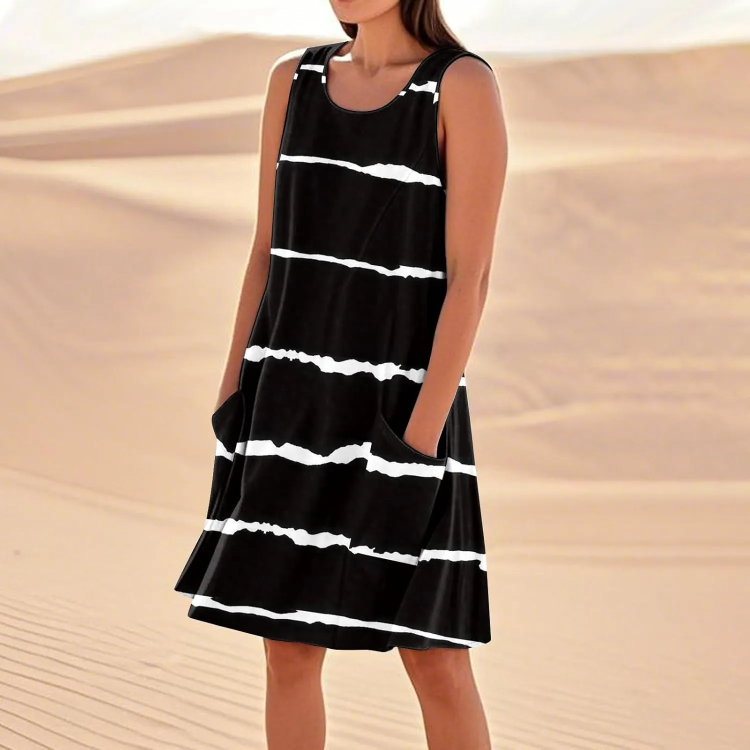Dresses for Women Crew Neck Sleeveless Sundresses Floral Printed High Waisted Loose Casual Flowy Dress with Pocket